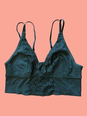 Aerie Ribbed Lace Longline Strappy Bralette Top, Deep Forest Green, Size L
